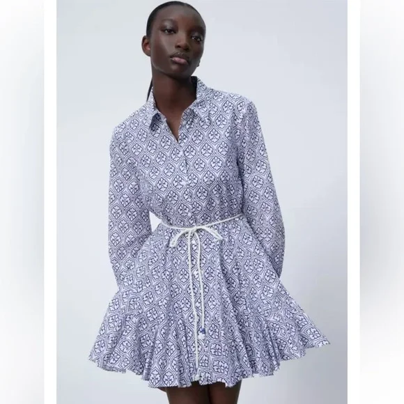 Front button closure Zara blue printed mini dress with collar size XS - Picture 2 of 7